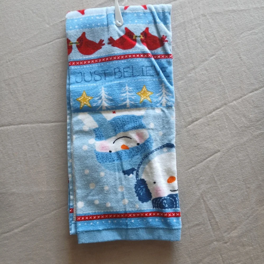 St Nicholas Square Christmas Kitchen Towel Snowman Cardinal Just Believe Blue